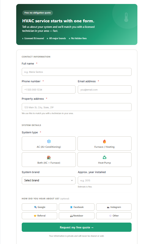 HVAC Free Quote Lead Capture Form